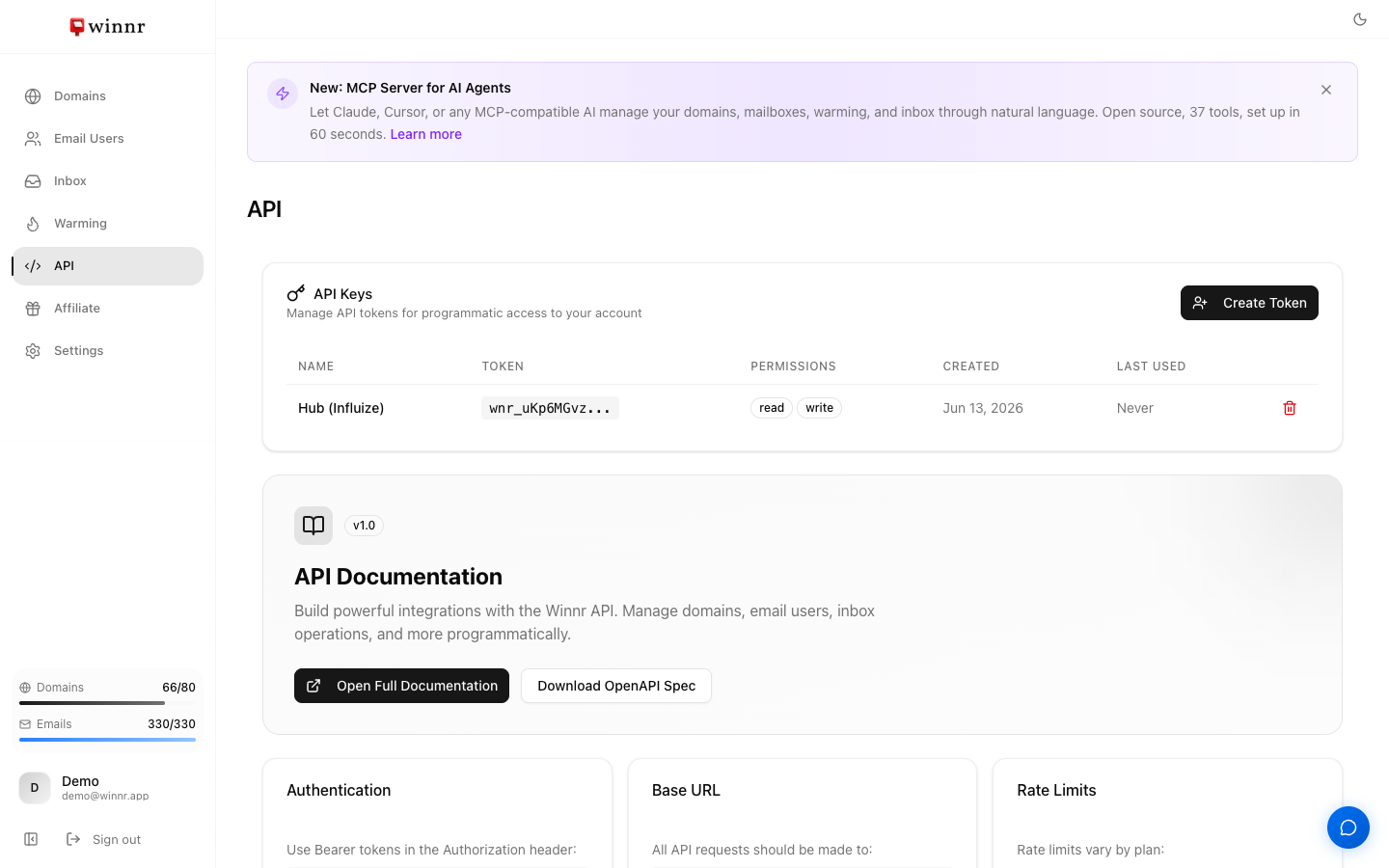 The Winnr API page with API Keys, API Documentation, Authentication, Base URL, and Rate Limits