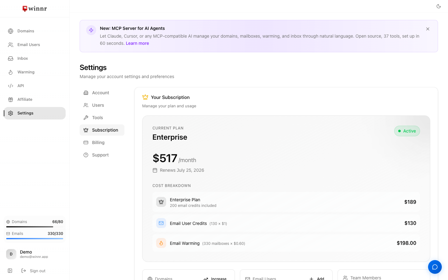 Subscription cost breakdown showing the base plan, email-user credits at $1 each, and warming at $0.60 per mailbox