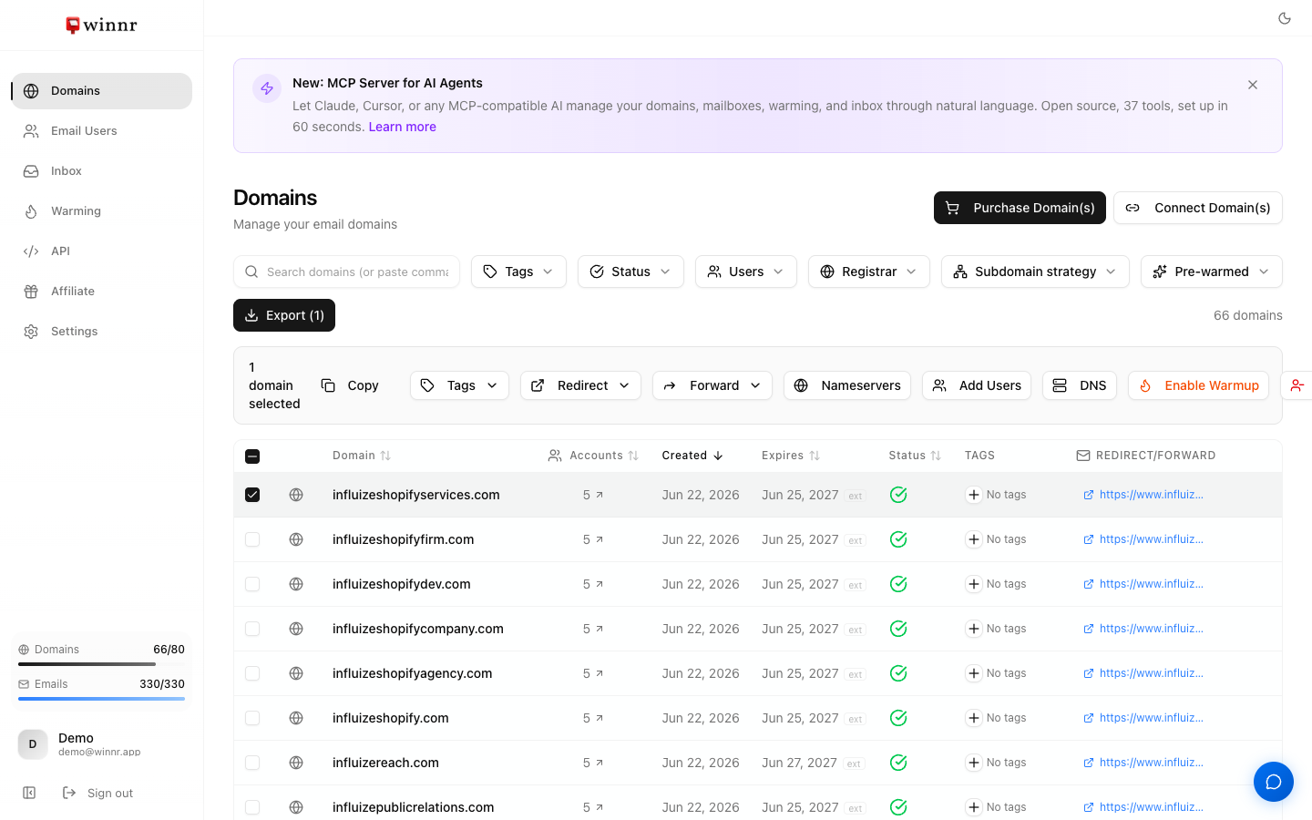 The Domains page bulk action bar with Copy, Tags, Redirect, Forward, Nameservers, Add Users, DNS, and Enable Warmup