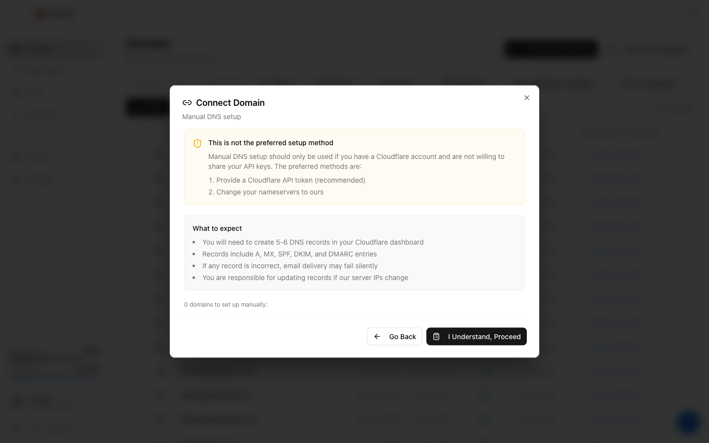 Connect Domain setup screen noting the preferred methods are changing nameservers or, for Cloudflare-registered domains, a Cloudflare API token, with manual DNS as a fallback