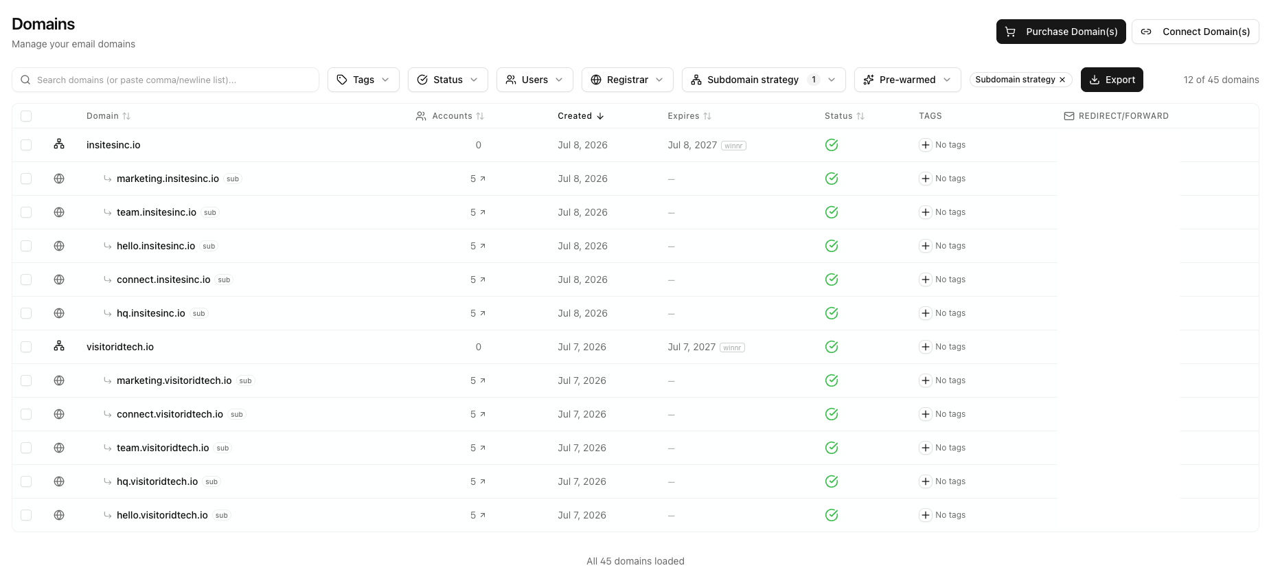 The Winnr Domains list filtered to Subdomain Strategy, showing two premium .io apex domains each with five nested subdomains (marketing, team, hello, connect, hq) and 5 mailboxes per subdomain