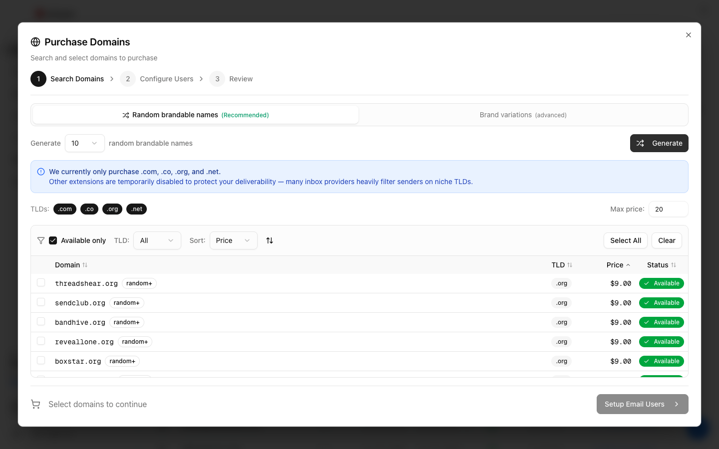 Domain search results showing available .com/.co/.org/.net domains with one-time prices and Available status