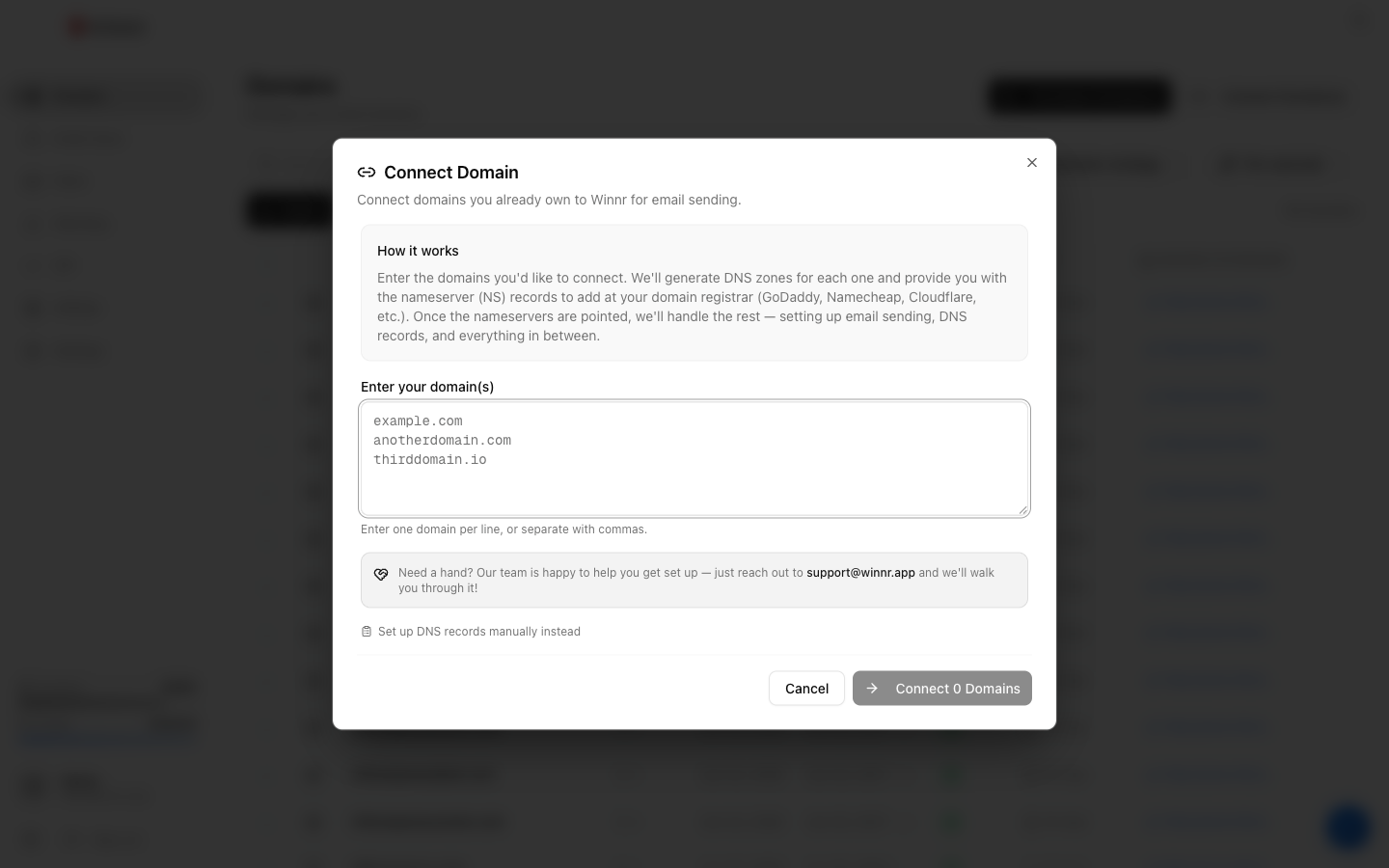 Connect Domain dialog explaining that Winnr generates DNS zones and provides nameserver records to point at your registrar