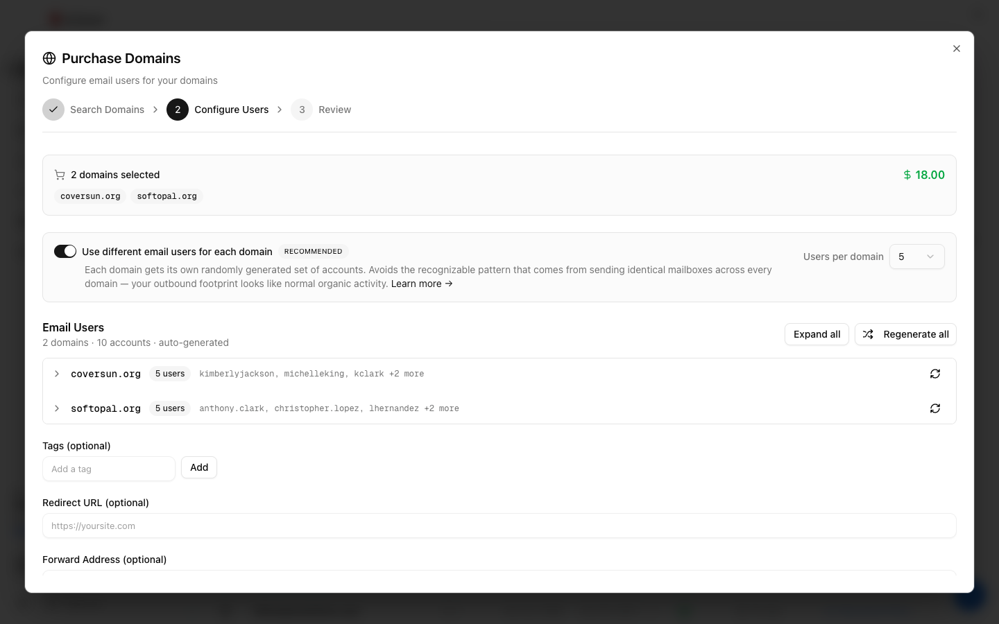 Configure Users step showing per-domain auto-generated mailboxes with a users-per-domain selector