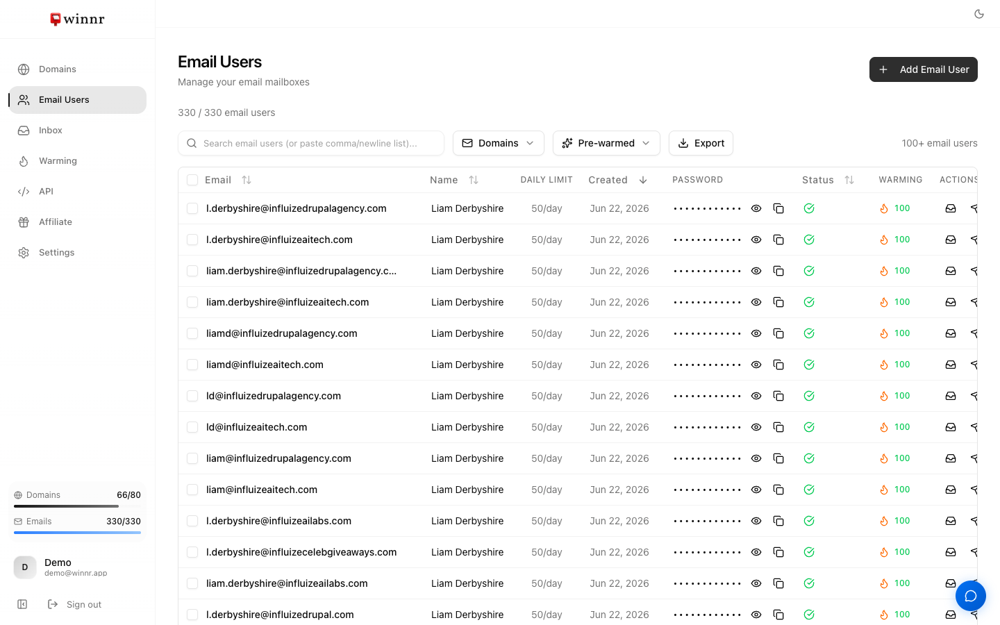Email Users page in the Winnr app with an Add Email User button and the email-user usage counter