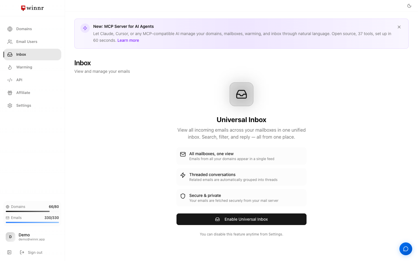 The Universal Inbox screen describing one unified view across all mailboxes with an Enable button