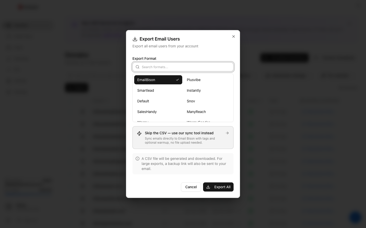 Export Email Users dialog showing sending-tool format options and a direct-sync shortcut