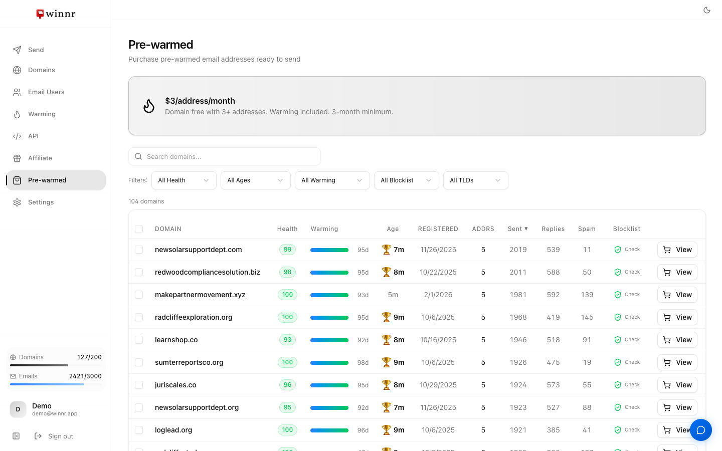 The Winnr pre-warmed marketplace showing available domains with health scores, warming progress, domain age, and sending history