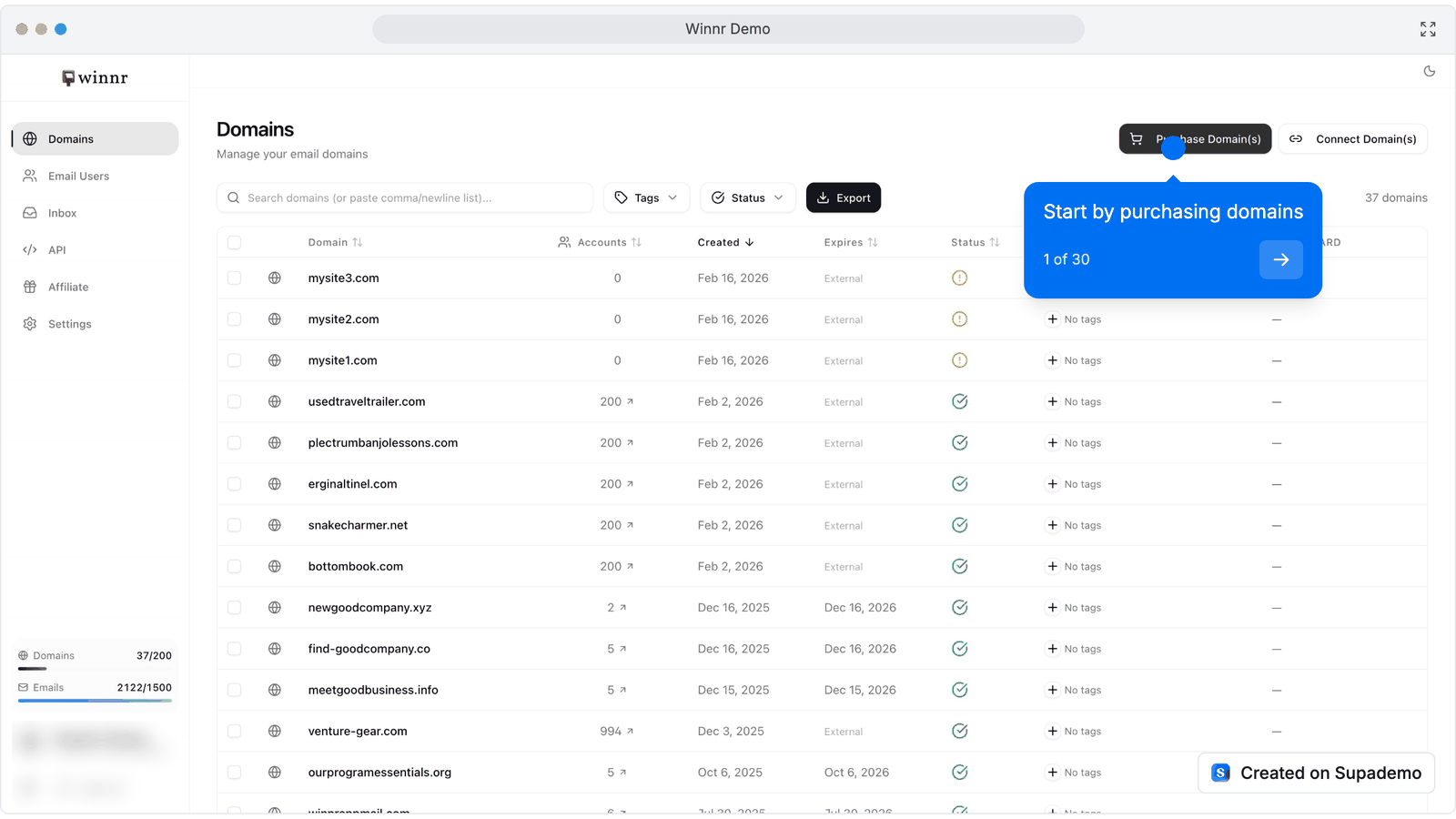 The Winnr dashboard Domains page, the first step of the interactive demo