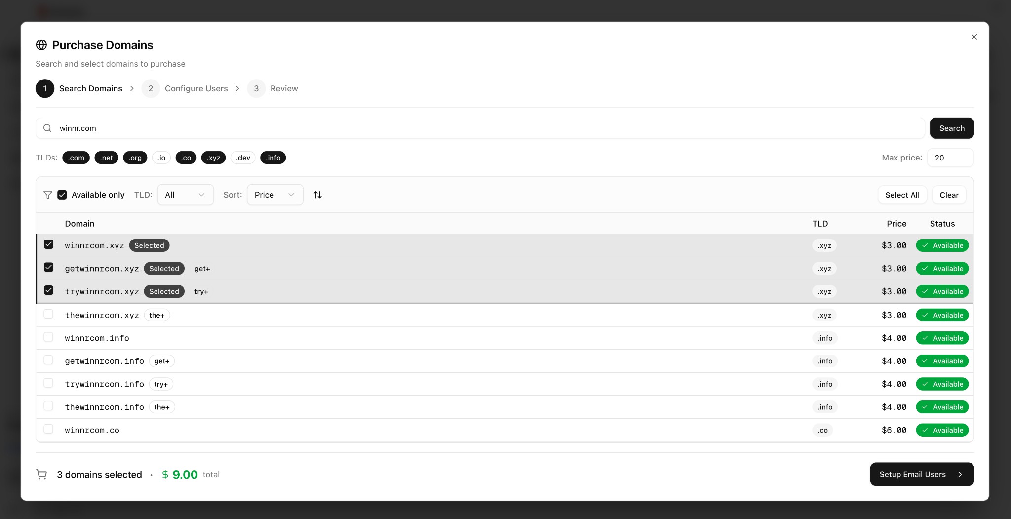 Purchase domains from $1